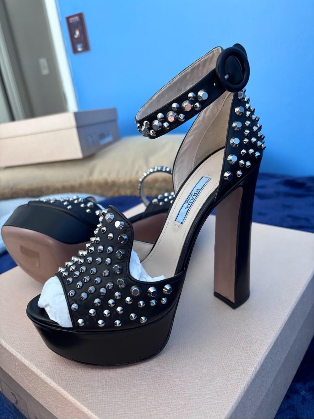 Prada Black Studded Platform Sandals with Silver-Tone Spikes